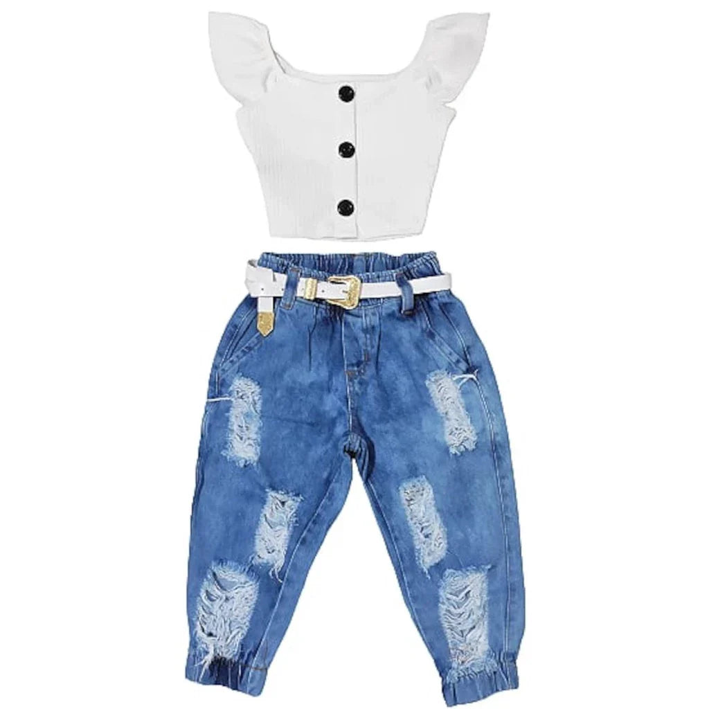 Conjunto Infantil Cropped e Calça Jeans Jogger Destroyed - Mini Diva Blogueira