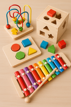 Kit Brinquedo Pedagógico Educativo Em Madeira Aramado G + Prancha Seleção + Xilofone + Cubo De Encaixe