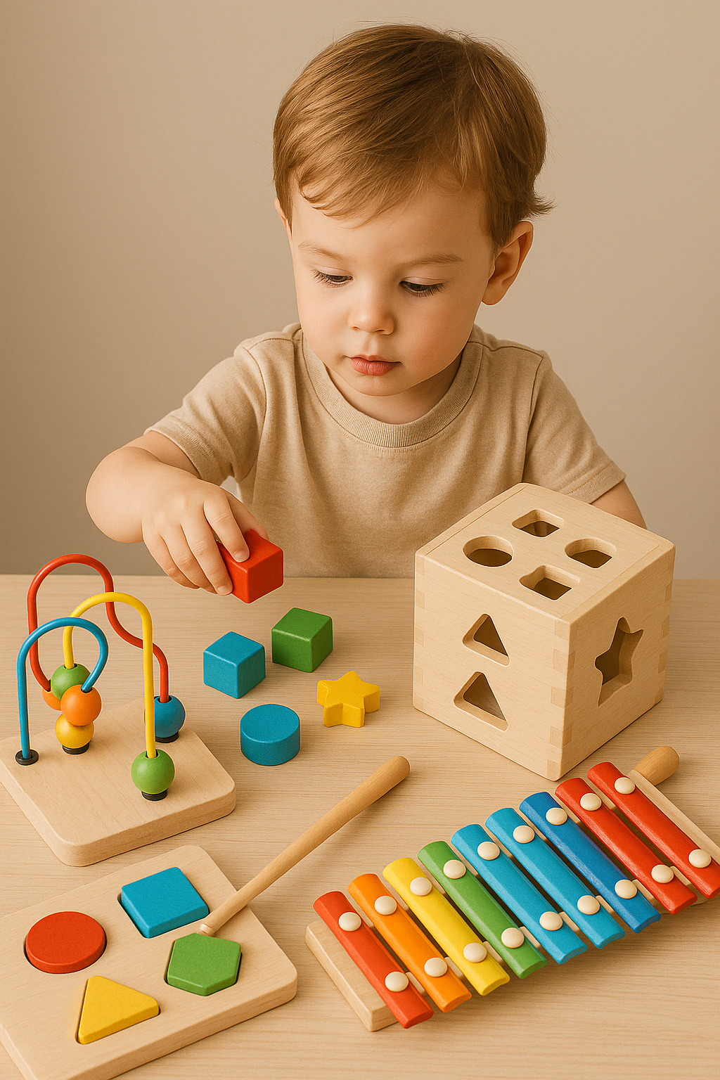 Kit Brinquedo Pedagógico Educativo Em Madeira Aramado G + Prancha Seleção + Xilofone + Cubo De Encaixe