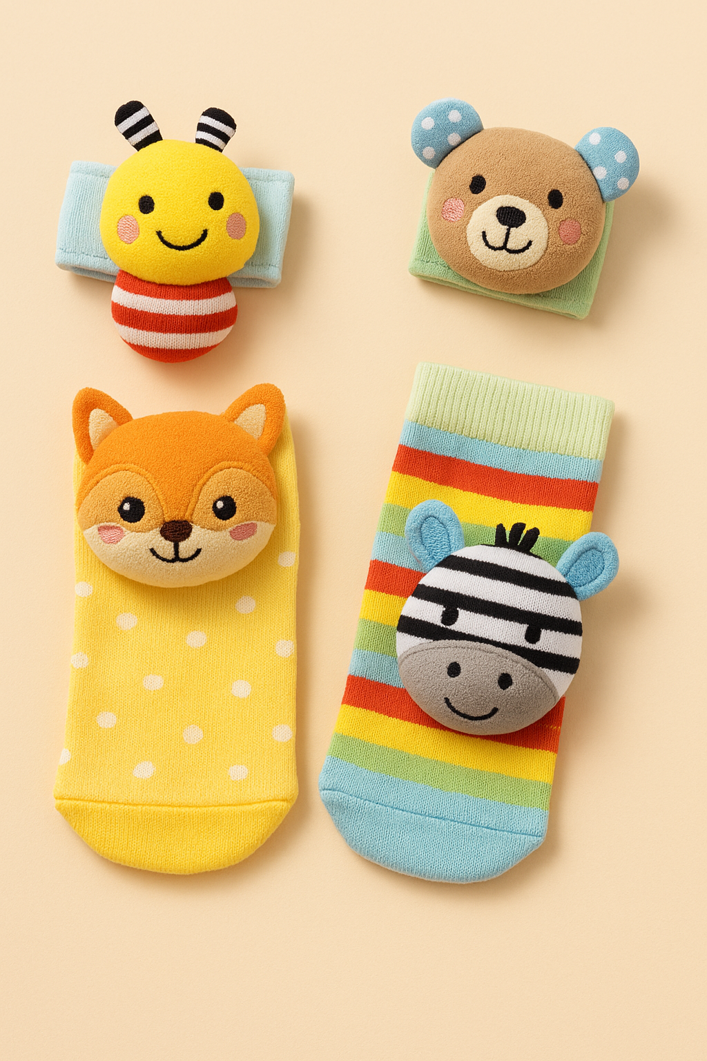 Kit de Meias e Pulseiras 4 Peças infantil com chocalho para bebês.