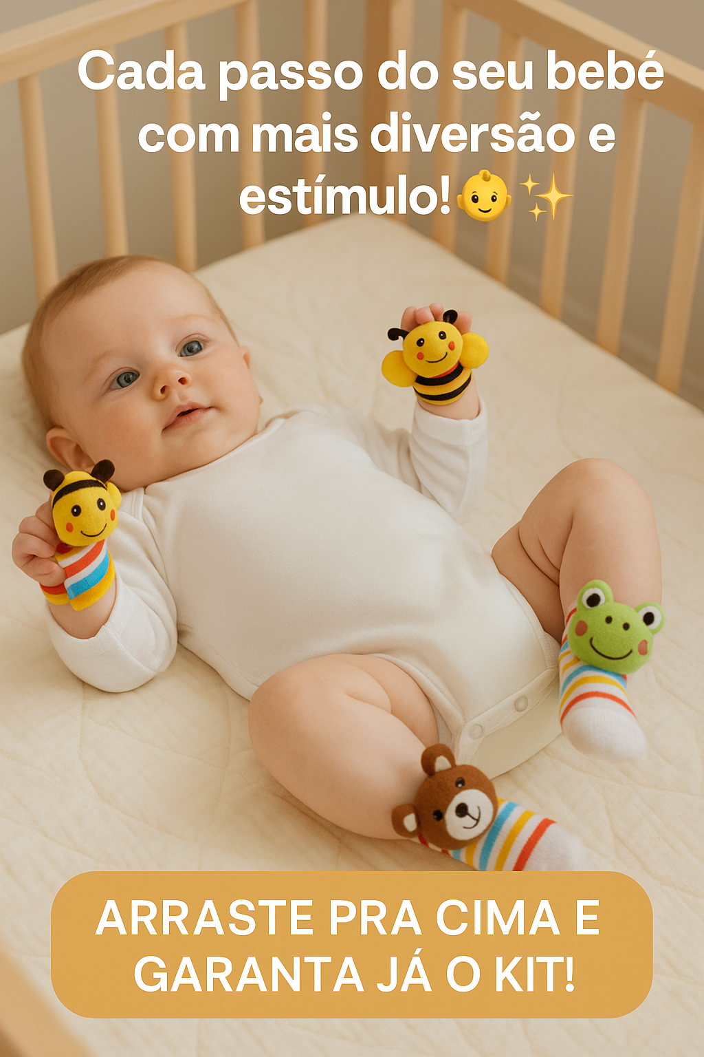Kit de Meias e Pulseiras 4 Peças infantil com chocalho para bebês.
