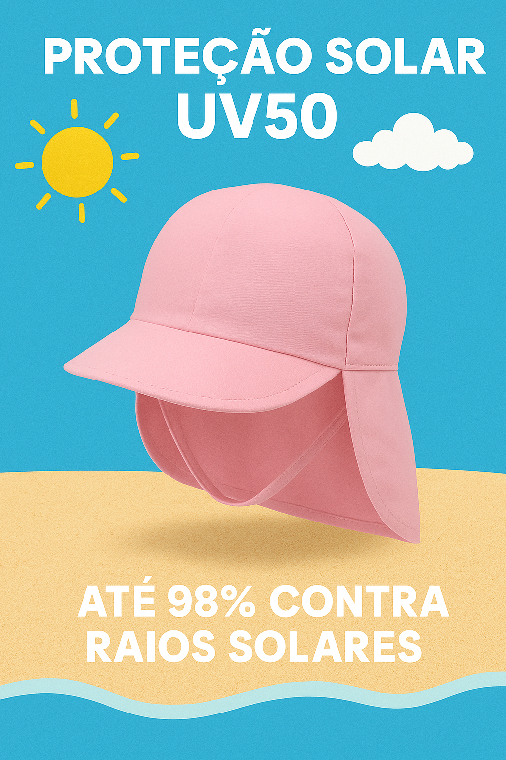 Chapéu Boné Bebê Infantil Praia Proteção Solar UV50+ Menino Menina Piscina Pescoço Nuca Sol Aba