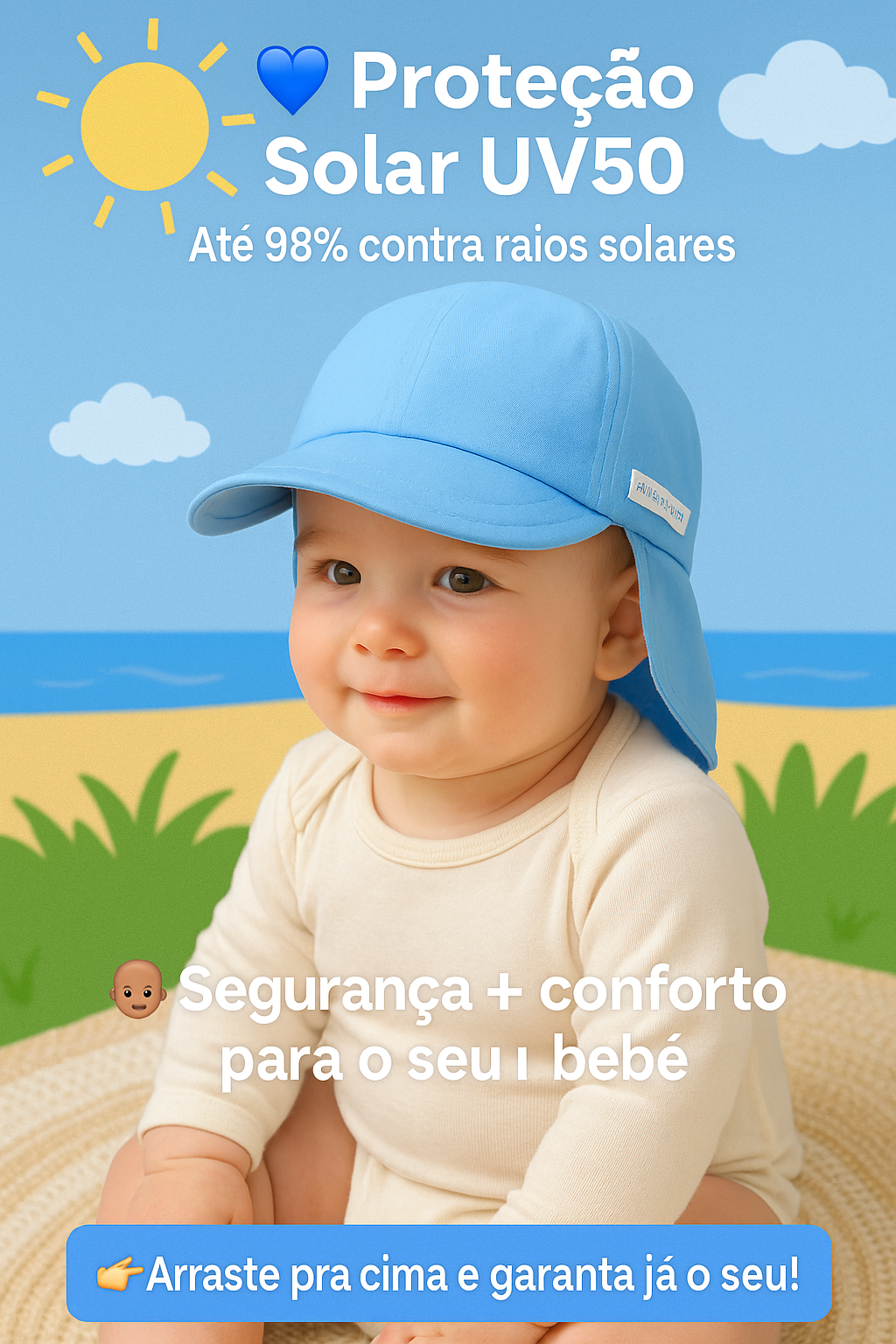 Chapéu Boné Bebê Infantil Praia Proteção Solar UV50+ Menino Menina Piscina Pescoço Nuca Sol Aba