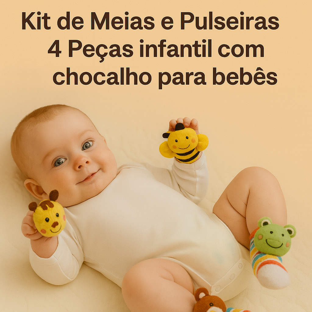 Kit de Meias e Pulseiras 4 Peças infantil com chocalho para bebês.