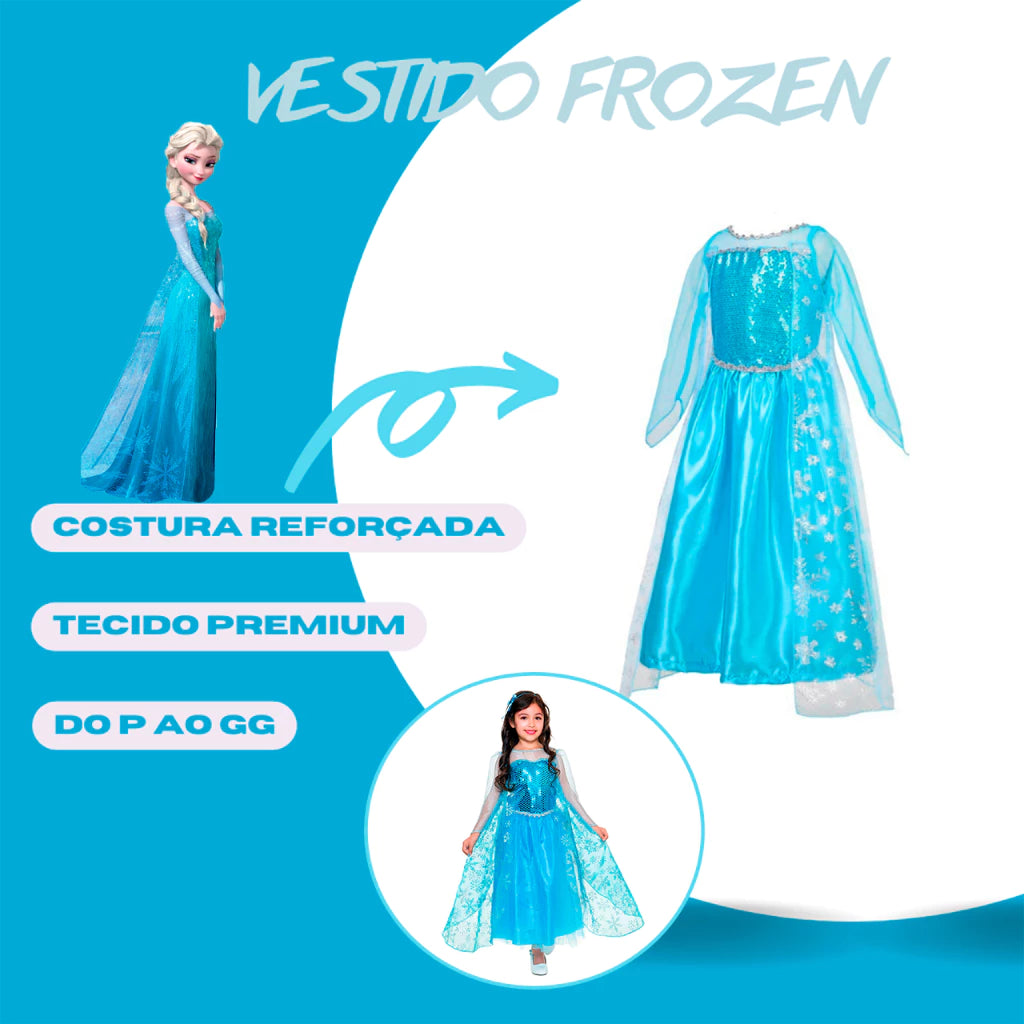 Fantasia Vestido Infantil Elsa Frozen Com Capa E Acessórios para Meninas
