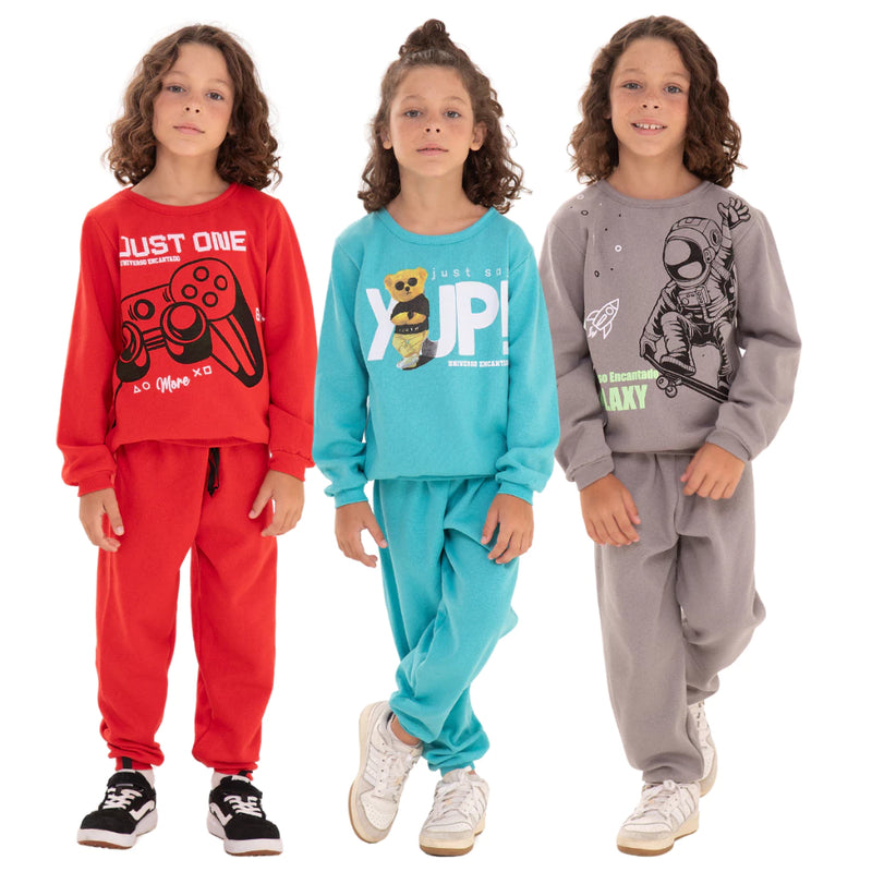 Kit Sortido 6 Peças de Roupas Masculino Infantil Inverno – 3 blusas casacos + 3 calças de 6 meses a 7 anos – Kit 3 Conjuntos