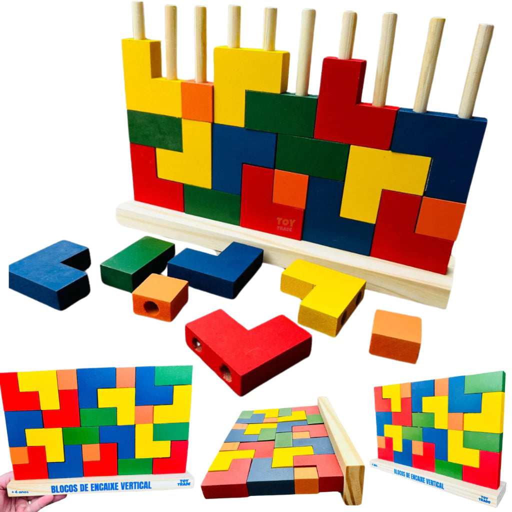 Blocos Verticais Tetris Toy Trade - 25 Peças de Madeira Coloridas Jogo de Encaixe Educativo Infantil
