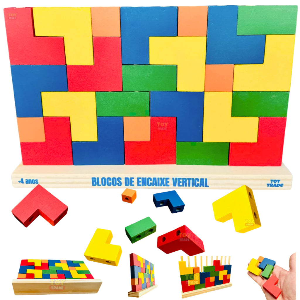 Blocos Verticais Tetris Toy Trade - 25 Peças de Madeira Coloridas Jogo de Encaixe Educativo Infantil