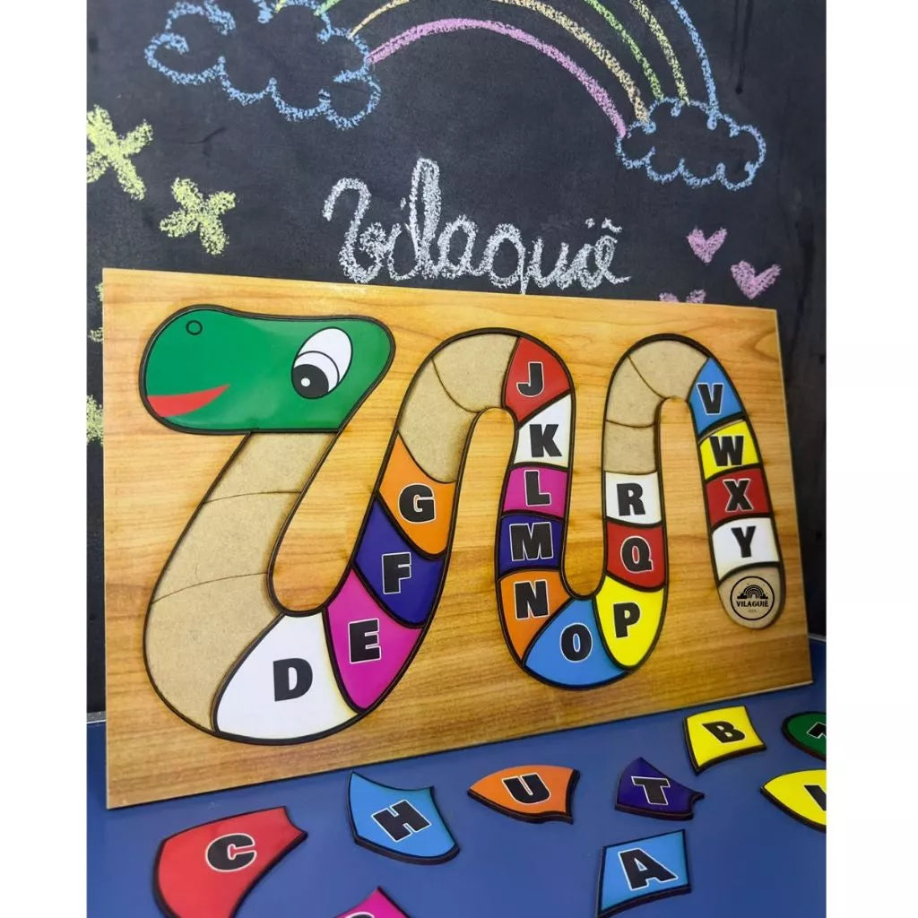 Quebra-Cabeça Cobrinha Alfabeto e Números em  MDF Brinquedo Educativo Pedagógico Alfabetização