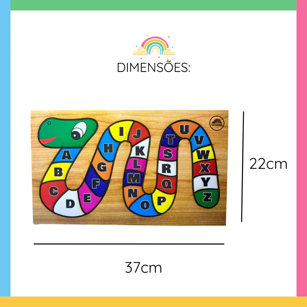 Quebra-Cabeça Cobrinha Alfabeto e Números em  MDF Brinquedo Educativo Pedagógico Alfabetização