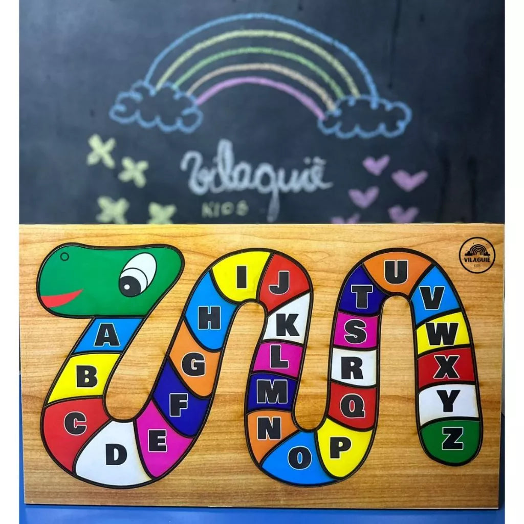 Quebra-Cabeça Cobrinha Alfabeto e Números em  MDF Brinquedo Educativo Pedagógico Alfabetização