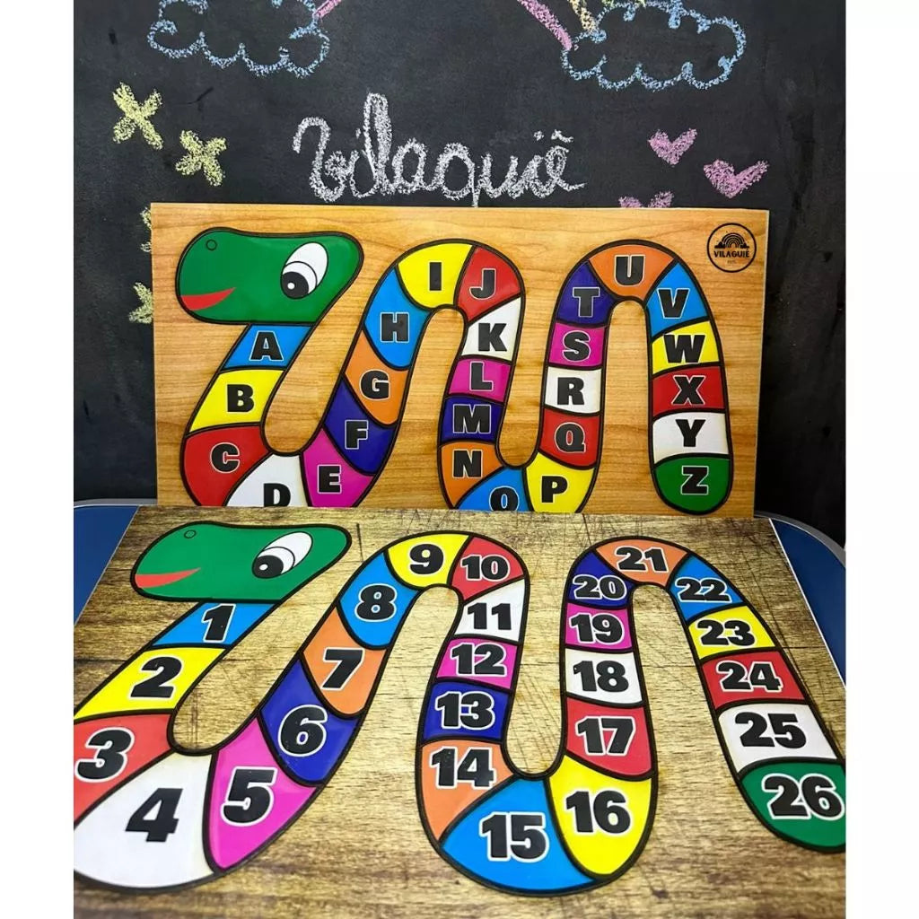 Quebra-Cabeça Cobrinha Alfabeto e Números em  MDF Brinquedo Educativo Pedagógico Alfabetização
