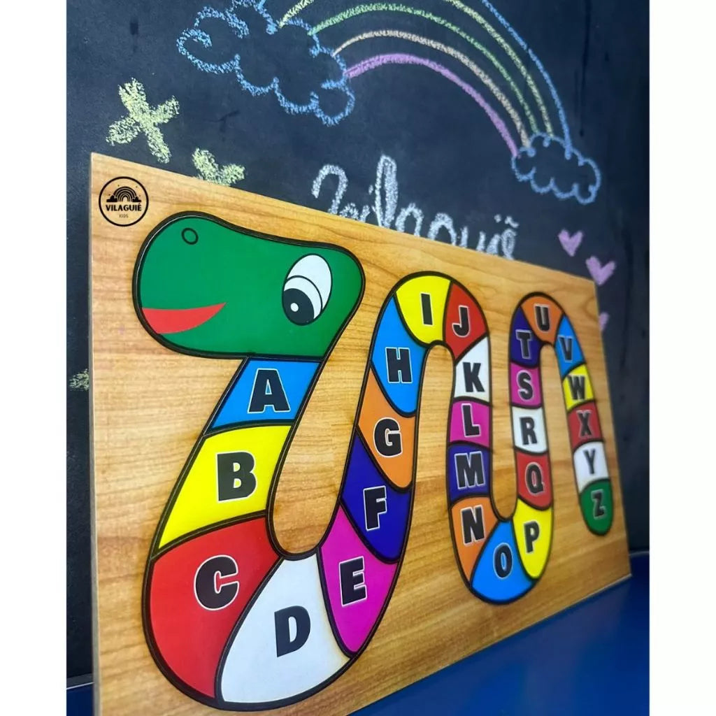 Quebra-Cabeça Cobrinha Alfabeto e Números em  MDF Brinquedo Educativo Pedagógico Alfabetização