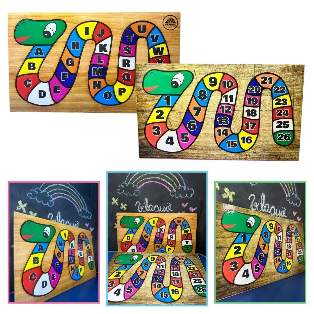 Quebra-Cabeça Cobrinha Alfabeto e Números em  MDF Brinquedo Educativo Pedagógico Alfabetização