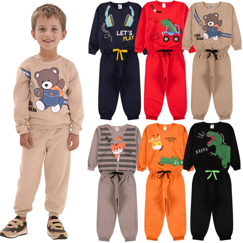 Kit Sortido 6 Peças de Roupas Masculino Infantil Inverno – 3 blusas casacos + 3 calças de 6 meses a 7 anos – Kit 3 Conjuntos