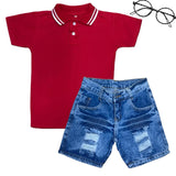 Conjunto Menino Infantil Camisa Polo Básica Com Short Jeans 07 S.M