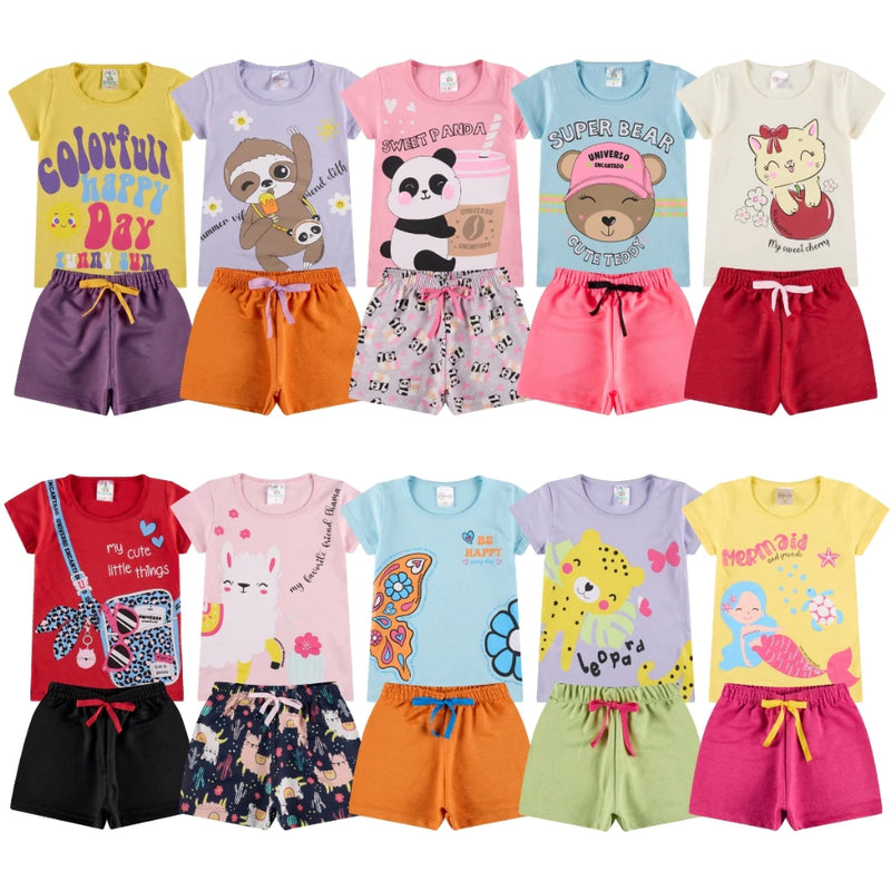 Kit Sortido 10 Peças de Roupas Infantil Menina - 5 Camisetas + 5 Bermudas - Kit com 5 Conjuntos de Roupa Infantil Menina Verão Feminino