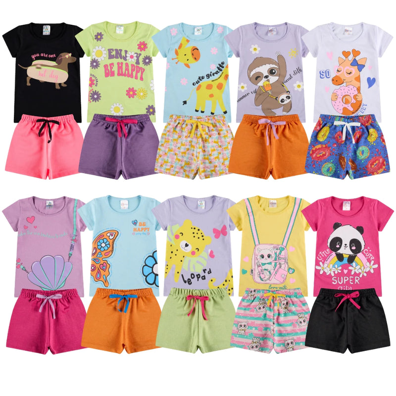 Kit Sortido 10 Peças de Roupas Infantil Menina - 5 Camisetas + 5 Bermudas - Kit com 5 Conjuntos de Roupa Infantil Menina Verão Feminino