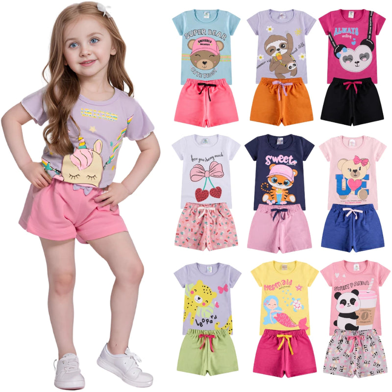 Kit Sortido 10 Peças de Roupas Infantil Menina - 5 Camisetas + 5 Bermudas - Kit com 5 Conjuntos de Roupa Infantil Menina Verão Feminino