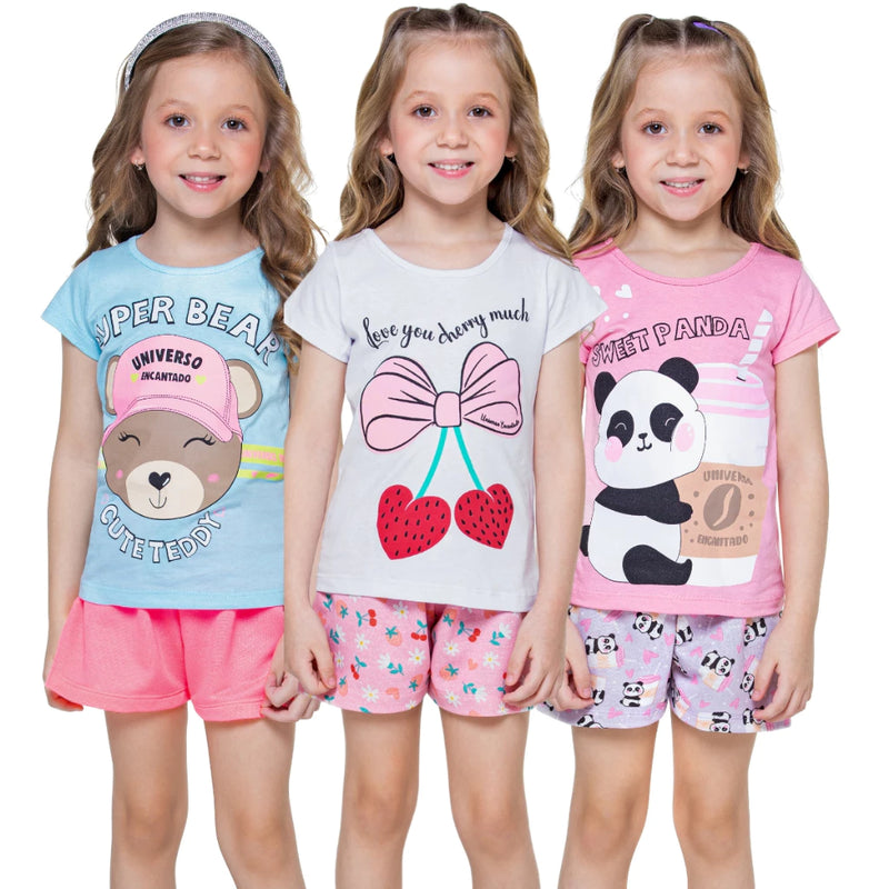 Kit Sortido 10 Peças de Roupas Infantil Menina - 5 Camisetas + 5 Bermudas - Kit com 5 Conjuntos de Roupa Infantil Menina Verão Feminino