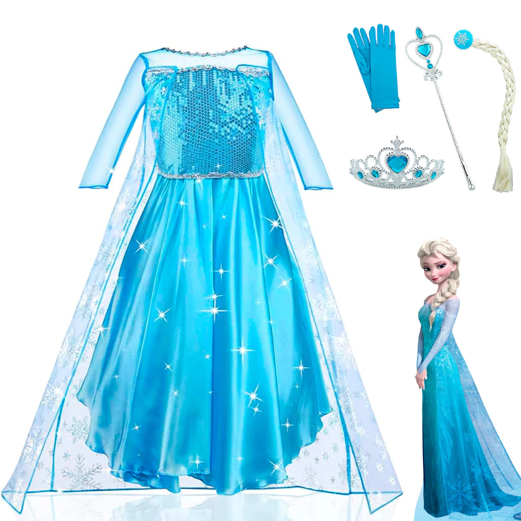 Fantasia Vestido Infantil Elsa Frozen Com Capa E Acessórios para Meninas