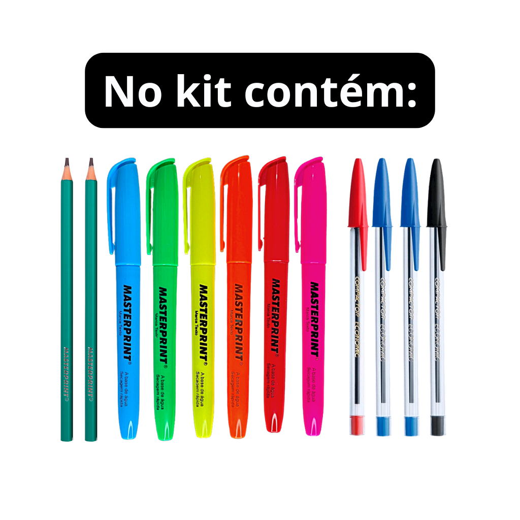 kit 47 Itens Material Escolar Volta as aulas ensino fundamental médio Básico caneta lápis marca texto borracha corretivo