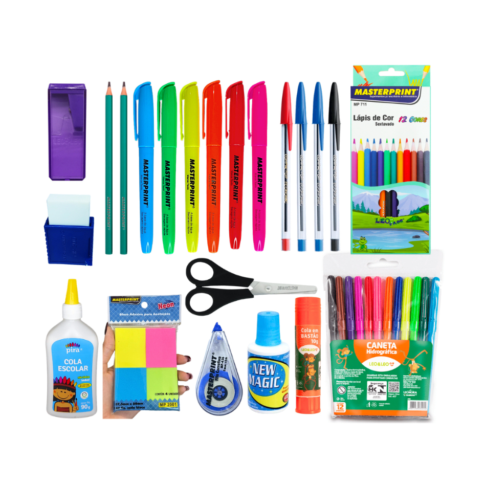 kit 47 Itens Material Escolar Volta as aulas ensino fundamental médio Básico caneta lápis marca texto borracha corretivo