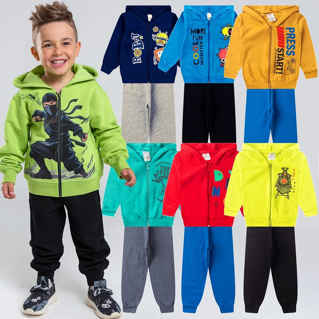 Kit 4 Peças Conjunto Moletom Infantil Menino Inverno 1 ao 16 Com Capuz e Zíper Pronta Entrega