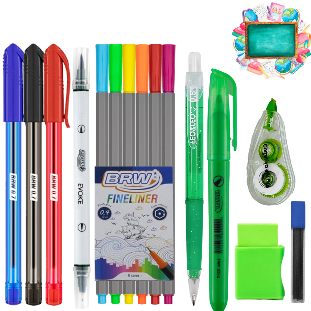 Kit Escolar 15 Itens - Canetas - Marca-texto - Corretivo - Lapiseira - Borracha - Grafites
