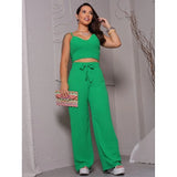 Conjunto Feminino Duna Areia Calça Pantalona e Cropped com Bojo Alça Regulável Alfaiataria