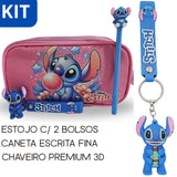 Kit Estojo Escolar Stitch 2 Bolsos + Chaveiro 3D Aloha
