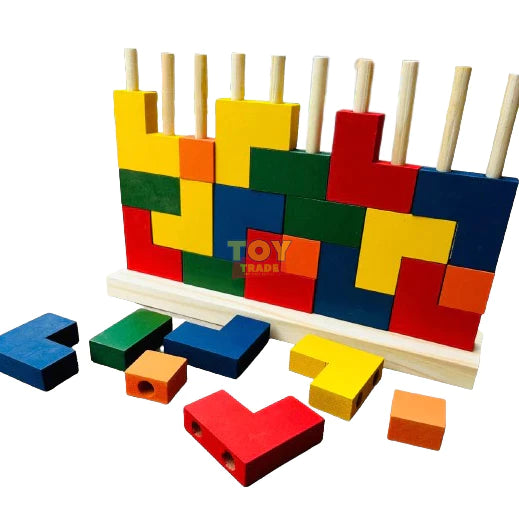 Blocos Verticais Tetris Toy Trade - 25 Peças de Madeira Coloridas Jogo de Encaixe Educativo Infantil
